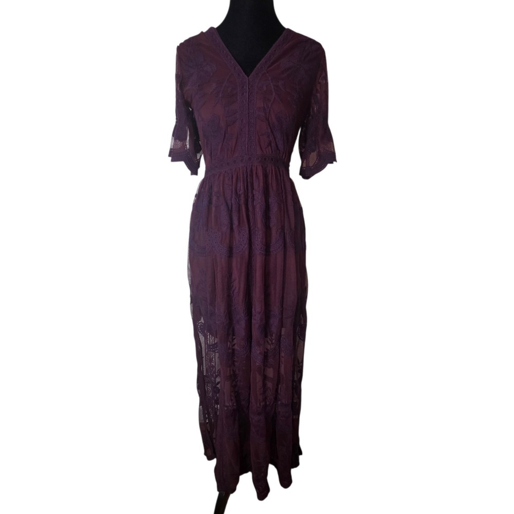 Altar'd State Womens S Burgundy Floral Embroidered Boho Lace Lined Maxi Dress